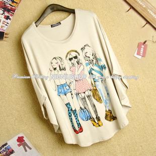 2012夏装女装新款欧美时尚三姐印花宽松版显瘦蝙蝠短袖T恤